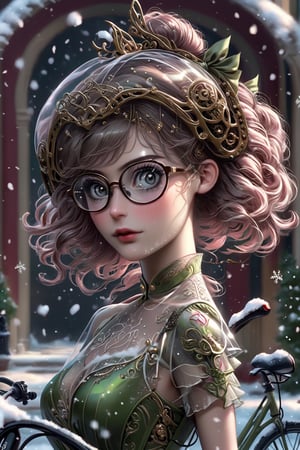Alluring and hot female, big and perfect eyes, thin and slightly upturned nose, appealing full lips, flirting. Glasses, bike helmet, sweet lolita dress, bike. Trending on Artstation, sharp focus, studio photo, intricate details, highly detailed, snow, octane render, 64k, photorealistic concept art, soft natural light, chiaroscuro, masterpiece.,Decora_SWstyle