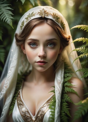 A tilt-shift photograph of a tiny elf lady hiding under the fern. She is wearing an opulent dress, scarf and veil. Wondrous, ethereal, twinkling. An awe-inspiring masterpiece of glamour photography captures the otherwordly beauty of the elf. Soft lighting wraps around her face, accentuating every curve and crease. Analog film grain adds texture to her porcelain complexion. National Geographic-worthy. High angle. Vignette. Full body shot.,more detail XL