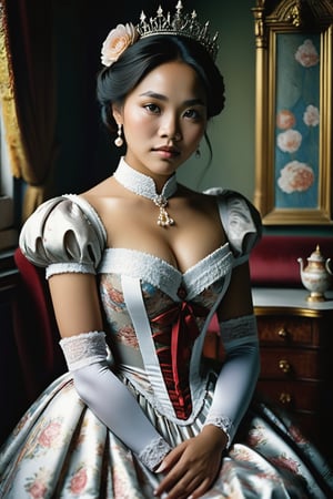 An artistic vision of a woman from [Myanmar!Finland] reenacting a Victorian lady in a day dress with a stiff tight-laced bodice. An awe-inspiring masterpiece of glamour photography captures the perfect, healthy skin of a stunning model. Full body shot with analog precision on a Pentax ME Super, soft lighting wraps around her face, accentuating every curve and crease. Analog film grain adds texture to her porcelain complexion. National Geographic-worthy, this intimate portrait exudes sophistication and elegance. Cluttered maximalism, Vivid colors. Close-up shot. Wide angle, High angle.