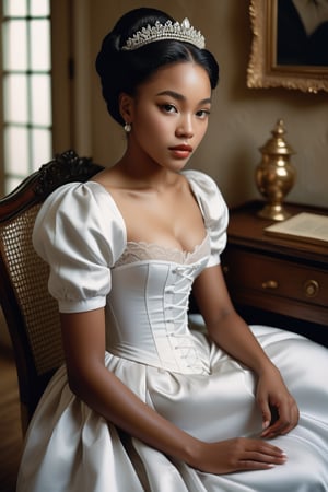 An artistic vision of a woman from [Jamaica!Korea] reenacting a Victorian lady in a day dress with a tight-laced bodice. She is sitting in her atelier. An awe-inspiring masterpiece of glamour photography captures the perfect, healthy skin of a stunning model. Full body shot with analog precision on a Pentax ME Super, soft lighting wraps around her face, accentuating every curve and crease. Analog film grain adds texture to her porcelain complexion. National Geographic-worthy, this intimate portrait exudes sophistication and elegance. Cluttered maximalism, Vivid colors. Close-up shot. Wide angle, High angle.