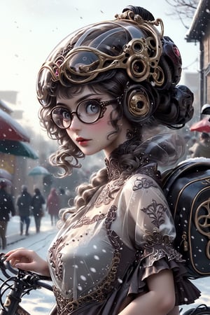 Alluring and hot female, big and perfect eyes, thin and slightly upturned nose, appealing full lips, flirting. Glasses, bicycle helmet, sweet lolita dress, bike. Trending on Artstation, sharp focus, studio photo, intricate details, highly detailed, snow, octane render, 64k, photorealistic concept art, soft natural light, chiaroscuro, masterpiece.,Decora_SWstyle,style,arch143