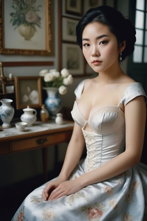 An artistic vision of a woman from [Japan!Sweden] reenacting a Victorian lady in a day dress with a tight-laced bodice. She is sitting in her atelier. An awe-inspiring masterpiece of glamour photography captures the perfect, healthy skin of a stunning model. Full body shot with analog precision on a Pentax ME Super, soft lighting wraps around her face, accentuating every curve and crease. Analog film grain adds texture to her porcelain complexion. National Geographic-worthy, this intimate portrait exudes sophistication and elegance. Cluttered maximalism, Vivid colors. Close-up shot. Wide angle, High angle.
