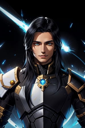 Science fiction. Icarion Anasem, a handsome 28-year-old man. He has long straight black hair combed back, tied up with golden elements. His eyes are electric blue. He wears highly futuristic cybernetic armor. ((His armor is white with black elements)). golden ornaments. His armor has characteristic Shinto elements. Inspired by the art of Destiny 2 and the style of Guardians of the Galaxy.,Color Booster