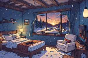 A masterpiece in 16K resolution, with the highest level of quality, sharpness and detail, wallpaper of a cabin room, gamer room, winter time, through the window you can see a winter area