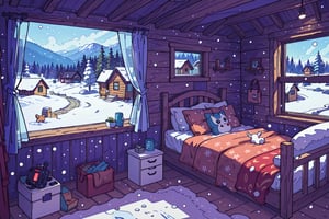 A masterpiece in 16K resolution, with the highest level of quality, sharpness and detail, wallpaper of a cabin room, gamer room, winter time, through the window you can see a winter area