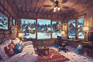 A masterpiece in 16K resolution, with the highest level of quality, sharpness and detail, wallpaper of a cabin room, gamer room, winter time, through the window you can see a winter area, without snow,