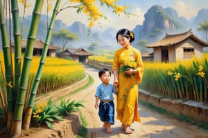 Oil painting style, a Vietnamese countryside with bamboo and yellow apricot blossom flowers. Showing mother with child, ((mother and her son)), high quality, extremely detailed.
