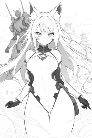 Beautiful girl with cat like ears wearing a suit (bodysuit) that is a tight fit. medium breasts, slime thicc, multicolor eyes, multicolor hair, 1 girl, perfect image unfolds with 8k resolution,mecha,line anime,fujimotostyle,LINEART,
masterpiece,  best quality,  aesthetic,line art,monochome,dunhuang,chinese ink drawing,mecha,photo r3al,secret,cammystretch,robot