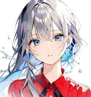 solo, looking at viewer, long hair, bangs, simple background,red shirt,black skirt, 1girl, white background, ,gray hair between eyes,blue eyes , female focus, parted lips, collared shirt, hand up, wet, portrait,cool, water drop