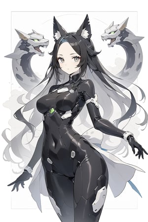 Beautiful girl with cat like ears wearing a suit (bodysuit) that is a tight fit. medium breasts, slime thicc, multicolor eyes, multicolor hair, 1 girl, perfect image unfolds with 8k resolution,mecha,line anime,fujimotostyle,LINEART,
masterpiece,  best quality,  aesthetic,line art,monochome,dunhuang,chinese ink drawing,mecha,photo r3al