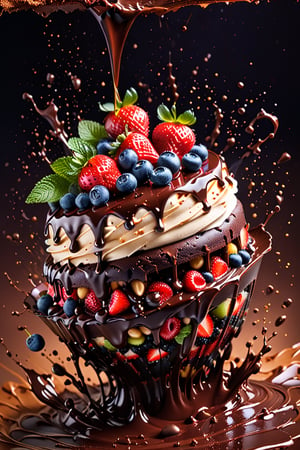 a macroscopic photograph of strawberry cake with cherry cream, ice cubes, maraschino cherries, blueberries, lychees , hundreds and thousands, dark chocolate sauce, nuts, mint leaves, splashing dark chocolate sauce, in a gradient honey  coloured background, fluid motion, dynamic movement, cinematic lighting, palette knife, digital artwork by Beksinski,action shot,sweetscape, 3D, oversized fruit, caramel theme, art by Klimt, airbrush art, food photography, food explosion, 