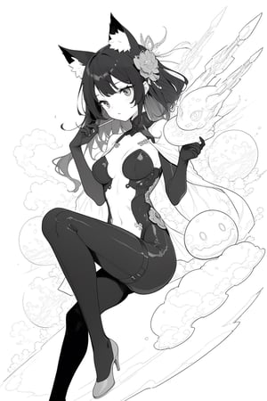 Beautiful girl with cat like ears wearing a suit (bodysuit) that is a tight fit. medium breasts, slime thicc, multicolor eyes, multicolor hair, 1 girl, perfect image unfolds with 8k resolution,mecha,line anime,fujimotostyle,LINEART,
masterpiece,  best quality,  aesthetic,line art,monochome,dunhuang,chinese ink drawing,mecha,photo r3al,secret