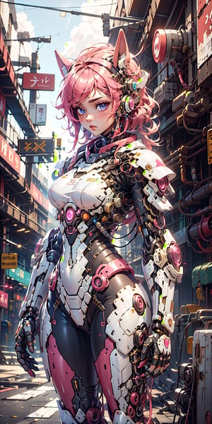 highres, Ultra HD, ultra detailed, cinematic poster, (1girl), Beautiful women with cat like ears wearing a suit (bodysuit) that is a tight fit. medium breasts, slime thicc,dressed in a dark red and purple mecha suit, stand in henshin pose, the background is a high-tech lighting  scene of the future cyberpunk city, gleaming, sparkling light,wrenchsmechs,Mecha