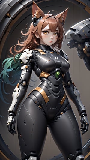 Beautiful women with cat like ears wearing a suit (bodysuit) that is a tight fit. medium breasts, slime thicc, multicolor eyes, multicolor hair, 1 girl, perfect image unfolds with 8k resolution,mecha,line anime,fujimotostyle,LINEART,robot,mecha musume