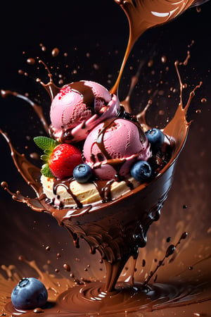 a macroscopic photograph of strawberry ice cream with cherry cream, ice cubes, maraschino cherries, blueberries, lychees , hundreds and thousands, dark chocolate sauce, nuts, mint leaves, splashing dark chocolate sauce, in a gradient honey  coloured background, fluid motion, dynamic movement, cinematic lighting, palette knife, digital artwork by Beksinski,action shot,sweetscape, 3D, oversized fruit, caramel theme, art by Klimt, airbrush art, food photography, food explosion, 