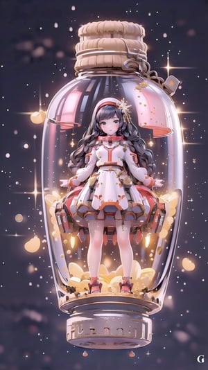 (Masterpiece, Superior） 
(Masterpiece, Superior, Superb, Official Art, Beautiful :1.2), A young girl, long black hair , white dress,em (typography),
(container, bottle), snowflake background ,
,SGBB
<em><u>phgls, in container,bottle,3dcharacter,Mecha,mecha