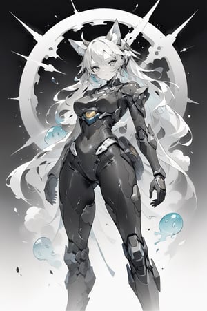 Beautiful women with cat like ears wearing a suit (bodysuit) that is a tight fit. medium breasts, slime thicc, multicolor eyes, multicolor hair, 1 girl, perfect image unfolds with 8k resolution,mecha,line anime,fujimotostyle,LINEART,
masterpiece,  best quality,  aesthetic,line art,monochome,dunhuang,chinese ink drawing,mecha