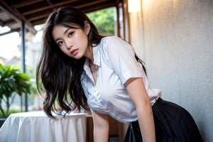 1girls,solo,thai school uniform,low angle photo Lift up skirt.,showing pantie  ,masterpiece, best quality, wallpaper, ultra-detailed,
Soft Illumination, Gentle Shading, Subtle Depth, masterpiece,best quality, beautiful and aesthetic,The edges of the eyelashes are thick and sharp,Sharp picture 4k,colorful pictures, 
