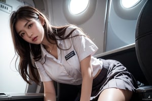 1girls,solo,thai school uniform,low angle photo Lift up skirt.,showing pantie, (Inside the aircraft: 1.2), front-view  ,masterpiece, best quality, wallpaper, ultra-detailed,
Soft Illumination, Gentle Shading, Subtle Depth, masterpiece,best quality, beautiful and aesthetic,The edges of the eyelashes are thick and sharp,Sharp picture 4k,colorful pictures, 
