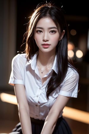 1girls,solo,thai school uniform,dynamic pose,masterpiece, best quality, wallpaper, ultra-detailed,
Soft Illumination, Gentle Shading, Subtle Depth, masterpiece,best quality, beautiful and aesthetic,The edges of the eyelashes are thick and sharp,Sharp picture 4k,colorful pictures, 
