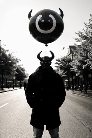 devil holding a baloon at street, look at viewer, horrorz theme, b&w