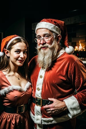 (Illustration of Santa Claus and beautiful elf woman:1.3), Realistic portrait, Amazing face and eyes, (Best Quality:1.4), (Ultra-detailed), (extremely detailed CG unified 8k wallpaper), Highly detailed, Christmas night, surrounded by warm light, smiling happily, Santa Claus brought many presents, white wallpaper, fireplace, Christmas, Christmas Ornaments, Christmas tree, the happiest time, highest image quality, highest resolution, depth of field,