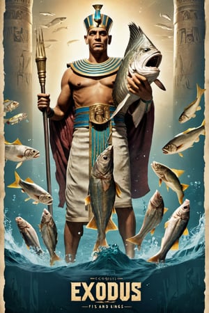 Movie Poster page "Exodus: Cods and Kings" featuring Egyptian Pharaoh holding cod fishes.  Text logo "Exodus: Cods and Kings"