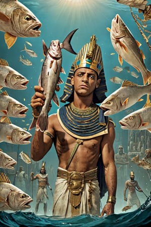 Movie Poster page "Exodus: Cods and Kings" featuring Egyptian Pharaoh holding cod fishes.