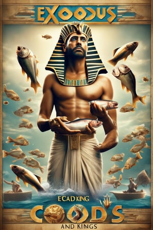 Movie Poster page "Exodus: Cods and Kings" featuring Egyptian Pharaoh holding cod fishes.  Text logo "Exodus: Cods and Kings"