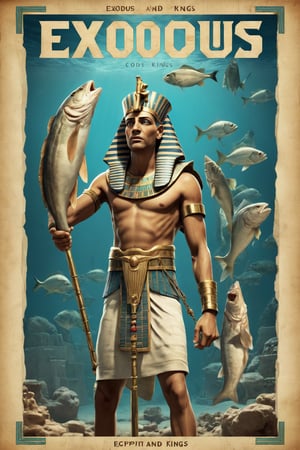 Movie Poster page "Exodus: Cods and Kings" featuring Egyptian Pharaoh holding cod fishes.  text:"Exodus: Cods and Kings",text:"your text here"