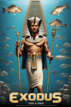 Movie Poster page "Exodus: Cods and Kings" featuring Egyptian Pharaoh holding cod fishes.  text:"Exodus: Cods and Kings"