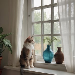 a cat sitting comfortably on the window sill, gazing at its surroundings. there is also two vases in front of it and one next to a curtain that fills most onto both windows as curtains : one near upper middle right corner covering only visible vertical height down towards floor level apart from more centrally located objects such curtains.