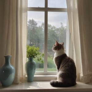 a cat sitting comfortably on the window sill, gazing at its surroundings. there is also two vases in front of it and one next to a curtain that fills most onto both windows as curtains : one near upper middle right corner covering only visible vertical height down towards floor level apart from more centrally located objects such curtains.