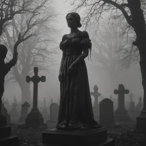 grotesque figure, exuding palpable angst, twists in a desolate, fog-shrouded graveyard at dusk, with haunting gothic lighting, macabre monochrome photography style, 8K ultra-definition for unnerving detail.