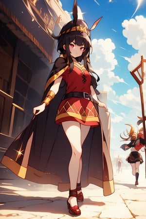 illustration, two panels, blue sky, wispy clouds, sun, shadow, looming over viewer is an (towering and curvaceous Egyptian Megu-KJ, , glowing  eyes, long hair with bangs, menacing, smug expression, wearing red Roman toga and matching cape, pharaoh-headdress, she is showing the bottom of her foot to the viewer, walking) ball-of-foot, about to step on viewer, focus on not sole of not foot,1 girl,Megu-KJ