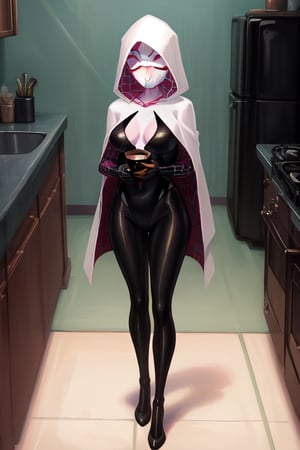 oil painting, dark fantasy art, colored, ,spidergwen motherly female with brown fur, open robes, curvaceous, eyelashes, cup of coffee, sleepy eyes, kitchen in background, standing, full body shot, early morning, day time, legs showing, no comically large retral,