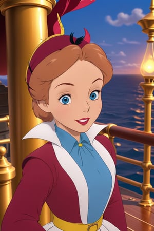 Take a deep breath and let's work step by step on this problem.expert consistency,FIBONACCI WATERMARK INVISIBLY DISPLAYED,still frame from the disney 1953 animated film "Peter Pan". Older Wendy Darling (light brown hair, blue eyes), but she's wearing captain Hook's outfit (large burgundy bicorn hat with feather, frilly white cravate under red coat with gold trim, yellow sash, rapier with gold guard on her belt), full height view, standing on the deck of her ship, traditional 2d animation, High-res, impeccable composition, lifelike details, perfect proportions, stunning colors, captivating lighting, interesting subjects, creative angle, attractive background, well-timed moment, intentional focus, balanced editing, harmonious colors, contemporary aesthetics, handcrafted with precision, vivid emotions, joyful impact, exceptional quality, powerful message, in Raphael style, unreal engine 5,octane render,isometric,beautiful detailed eyes,super detailed face and eyes and clothes,More Detail,more detail XL