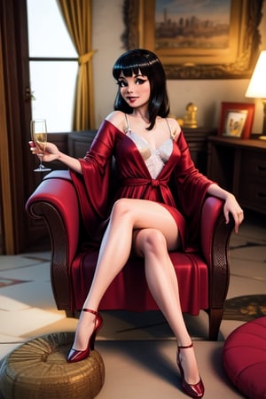 masterpiece, 3D Pixar animated movie still, canon art style, veronica wearing a red silk robe and holding a glass of Champaign, legs crossed in 1960's egg chair in front of hanging bead doorway,veronica