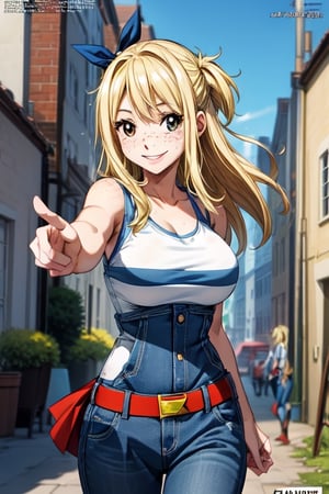 Daytime in a farmyard. Lucy_Heartfilia with long curly blonde hair and freckles outside who is wearing a white tanktop with the superman logo on it under denim dungarees, is smiling awkwardly, looking at you, reaching towards you and kissing you. Comic book art in the style of Adam Kubert.,Lucy_Heartfilia