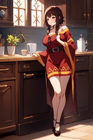 oil painting, dark fantasy art, colored, Megu-KJ motherly female with brown fur, open robes, curvaceous, eyelashes, cup of coffee, sleepy eyes, kitchen in background, standing, full body shot, early morning, day time, legs showing, no comically large retral,Megu-KJ