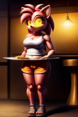 stylized fantasy,Classic Amy, white tanktop orange text "H00TERS", upper body (curvaceous), lower body (curvaceous), middle aged female body, realistic natural proportions, some bodyfat, full figured, motherly, soft features, thick torso, amazonian, feminine body, slightly curvy, glowing eyes, kind expression, orange shorts, white sandals, waitress, full body view, carrying food tray, green sports visor,,Classic Amy