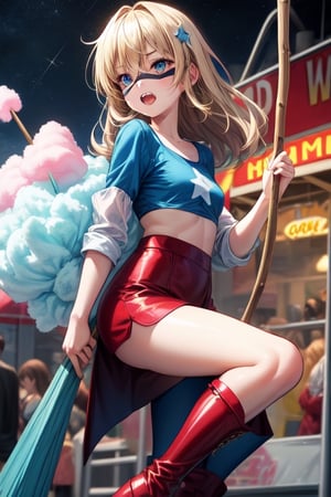 nighttime Fairground setting. woman, wearing her blue top with a white star on the front and small white stars on the sleeves and a blue eye mask. Wearing red boots . Long blonde hair. Carrying a large stick of cotton candy, taking a bit out of it. Braces on her teeth. Comic book art in the style of Adam Kubert. Shot from distance,