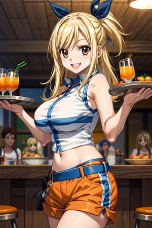 Lucy_Heartfilia 2d style, fastfood restaurant interior background, cute Lucy_Heartfilia, smiling, white sleeveless midriff tank top with orange text HOOTERS, orange shorts, holding silver platter with a glass of orange juice,Lucy_Heartfilia