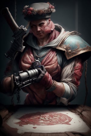 Take a deep breath and let's work step by step on this problem.expert consistency,FIBONACCI WATERMARK INVISIBLY DISPLAYED,a painted warhammer with a sword and a chain on it's arm and a knife in his hand, Artur Grottger, grotesque, a character portrait, antipodeans,gun, hat,grimdark , High-res, impeccable composition, lifelike details, perfect proportions, stunning colors, captivating lighting, interesting subjects, creative angle, attractive background, well-timed moment, intentional focus, balanced editing, harmonious colors, contemporary aesthetics, handcrafted with precision, vivid emotions, joyful impact, exceptional quality, powerful message, in Raphael style, unreal engine 5,octane render,isometric,beautiful detailed eyes,super detailed face and eyes and clothes,More Detail,AnatomicTech