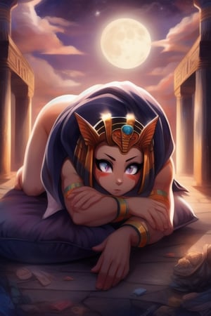illustration, courtyard, light-purple sky, green-clouds, yellow moon, birds, looming over viewer is a (curvaceous and athletic Egyptian hmochako, glowing eyes, light-blue-eyeshadow, , showing the bottoms of her feet to the viewer, menacing, red Roman toga with cape, pharaoh-headdress, discarded black flats) on a fancy pillow, detailed not sole, ball-of-foot, pawpads,ASS UP WAIT FEET,hmochako,1 girl