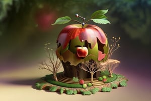 
A 3D structure of an ada, in an enchanted forest holding an apple that looks realistic and appetizing