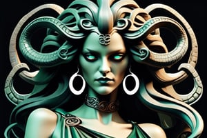 recreate a figure of the mythological Medusa that is elegant and sophisticated for a fashion print
