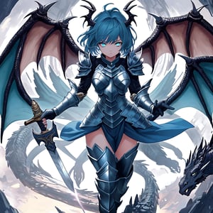 (masterpiece, best quality, ultra-detailed, 8K), A female dragon warrior boldly holding a sword, dragon wings on her back, upper and lower armor separated, medium hair, fighting pose, beautiful glowing blue eyes.