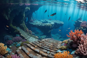 (Under the ocean),（（（top view ）））Looking down,
blue tones, wide angle shot, 
stone steps,
Undulating Seafloor Terrain,
The red coral reefs below,
Undulating Seafloor Terrain,no fish