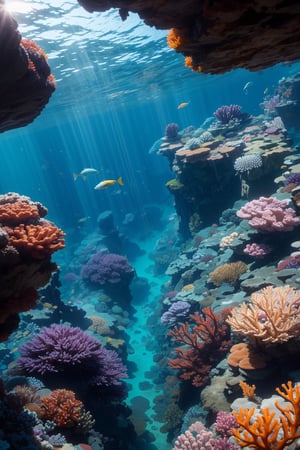 (Under the ocean),（（（top view ）））
blue tones, wide angle shot, 
stone steps,faint rays of sunlight piercing the water.
Expansive Underwater Plains,
The red coral reefs below,
Undulating Seafloor Terrain,